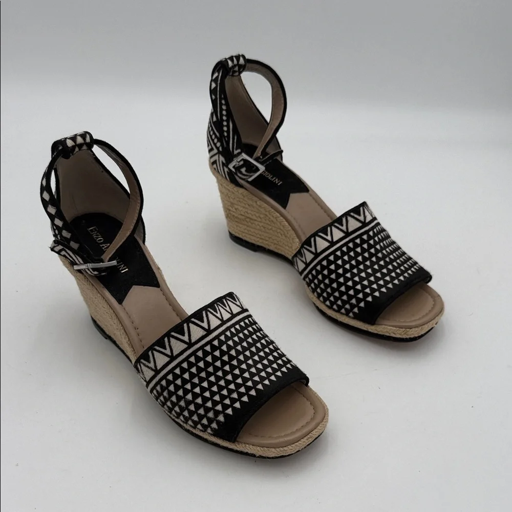 Enzo Angiolini Black Cream espadrille Wedges women sandals 10M caw hair Aztec